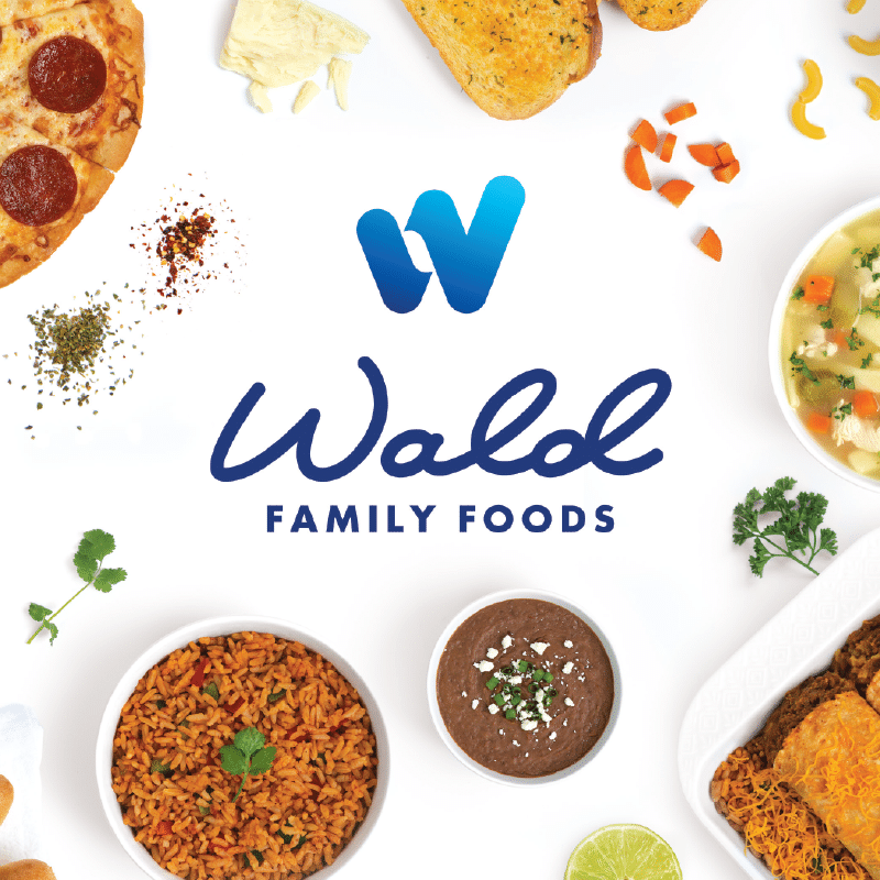 877 logo design for Wald Family Foods surrounded by food photography